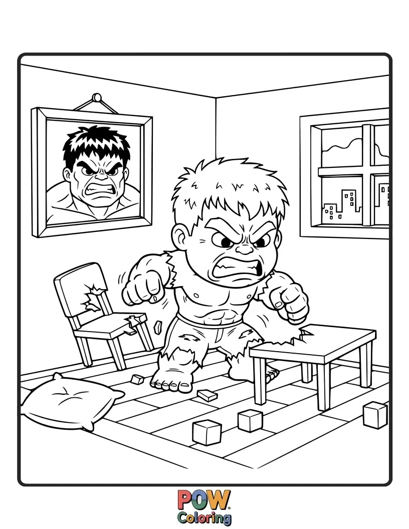 Free coloring page of Hulk with many tiny Hulk figures.