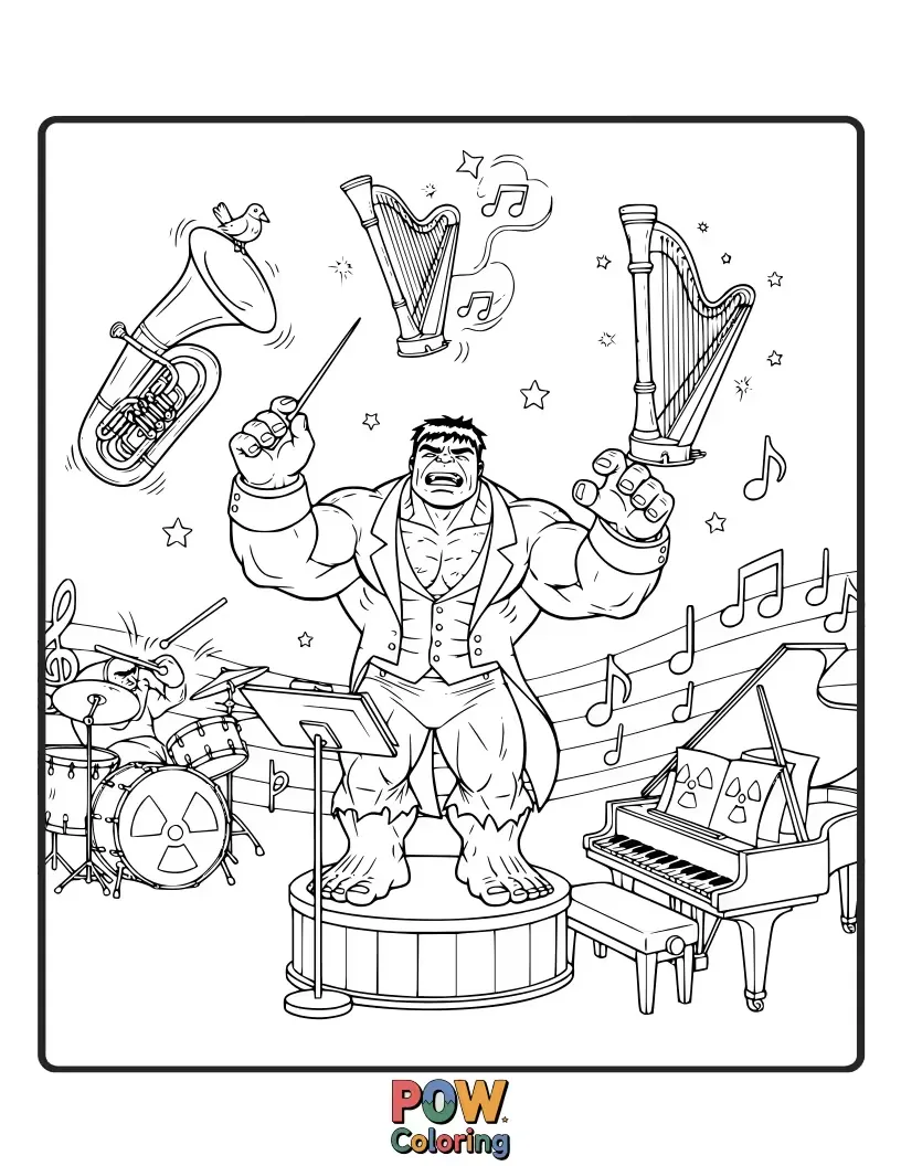 Free coloring page of Hulk conducting an orchestra of animals.