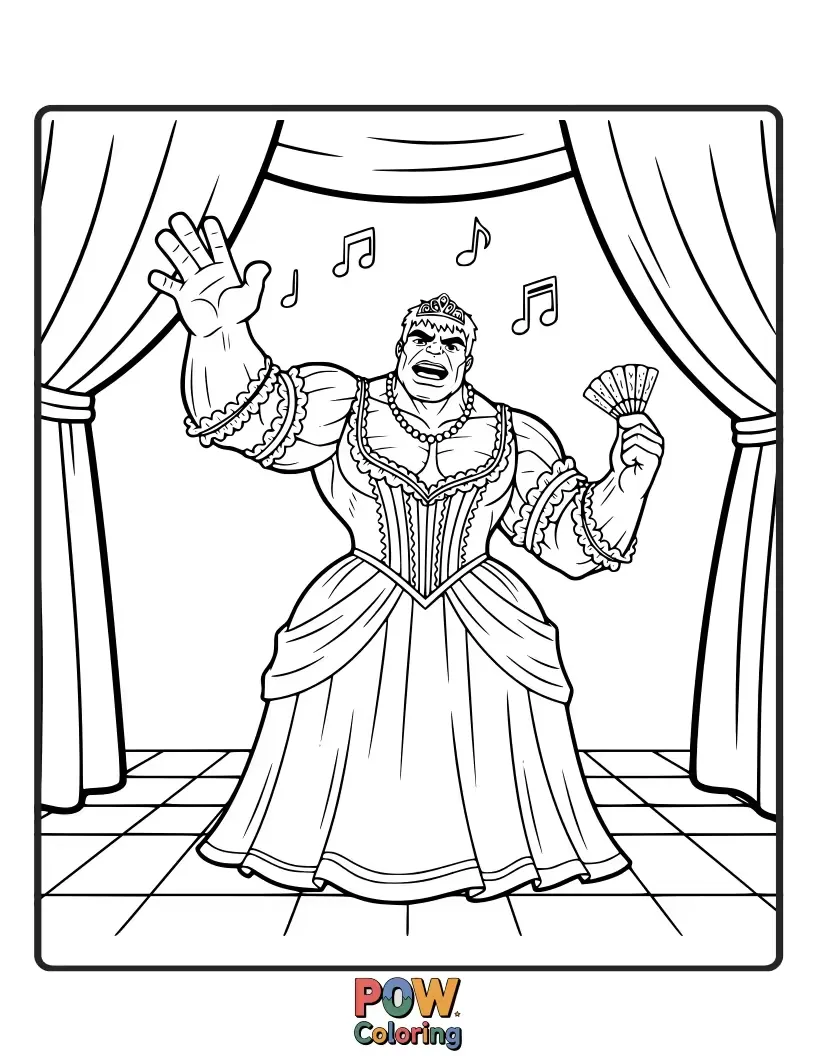 Free coloring page of Hulk singing opera with dramatic flair and a cape.