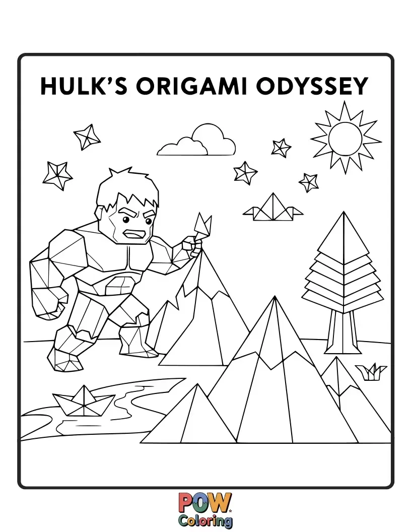 Free coloring page of Hulk carefully folding giant origami.
