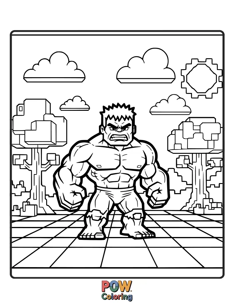 Free coloring page of Hulk in a retro pixel art landscape.