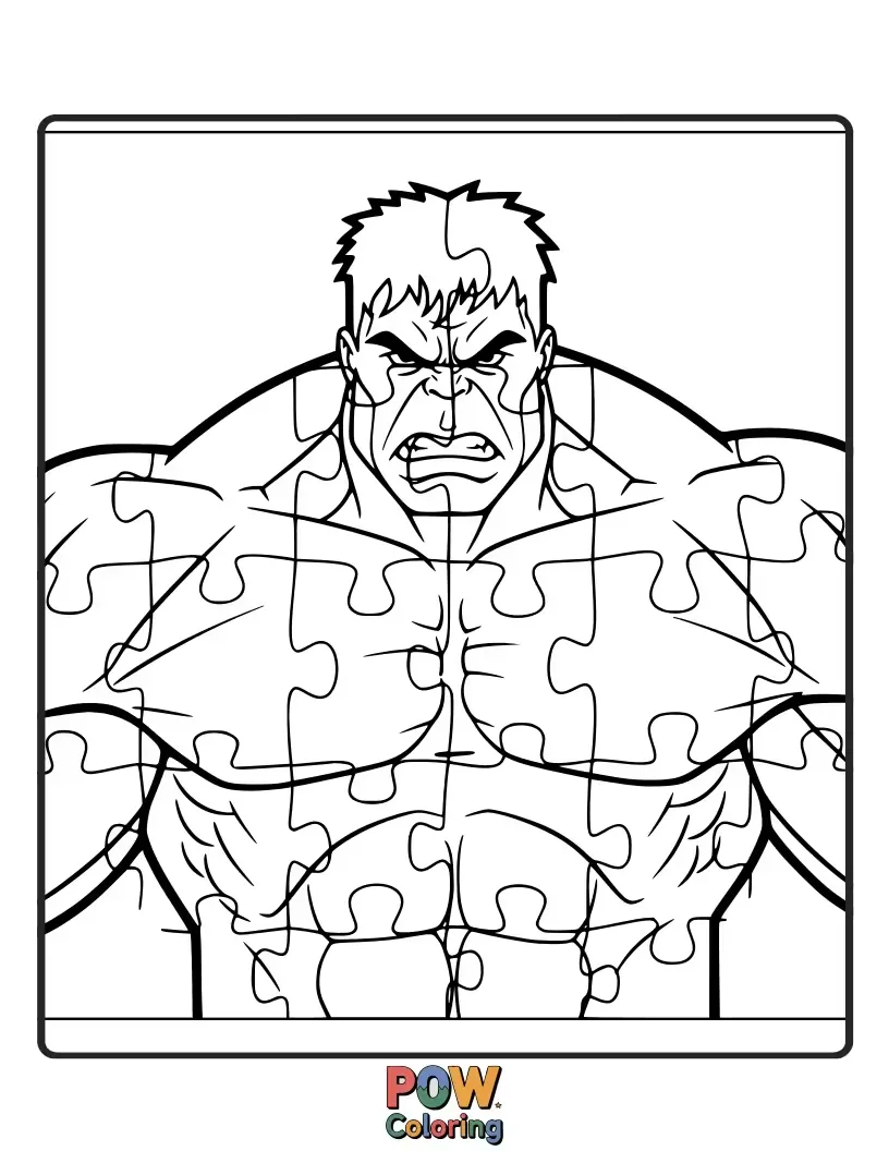 Free coloring page of Hulk concentrating on a giant jigsaw puzzle.