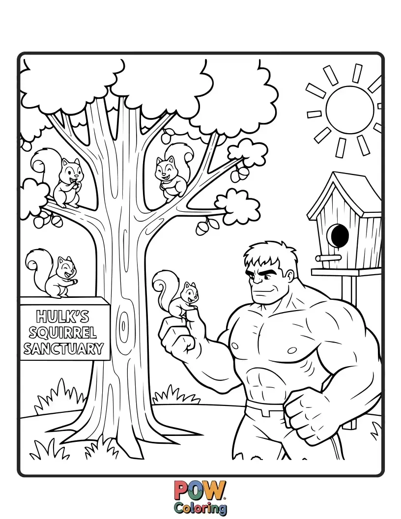 Free coloring page of Hulk sharing food with squirrels in a forest.