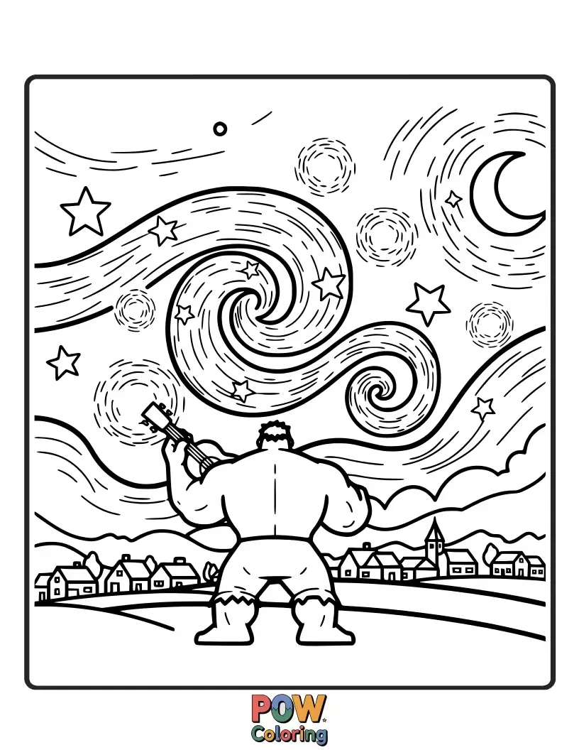 Free coloring page of Hulk playing a large guitar under the stars.