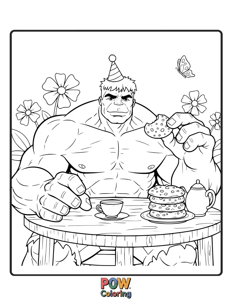Free coloring page of Hulk having a refined tea party.