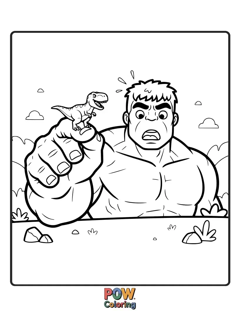 Free coloring page of Hulk playfully wrestling a small T-Rex.