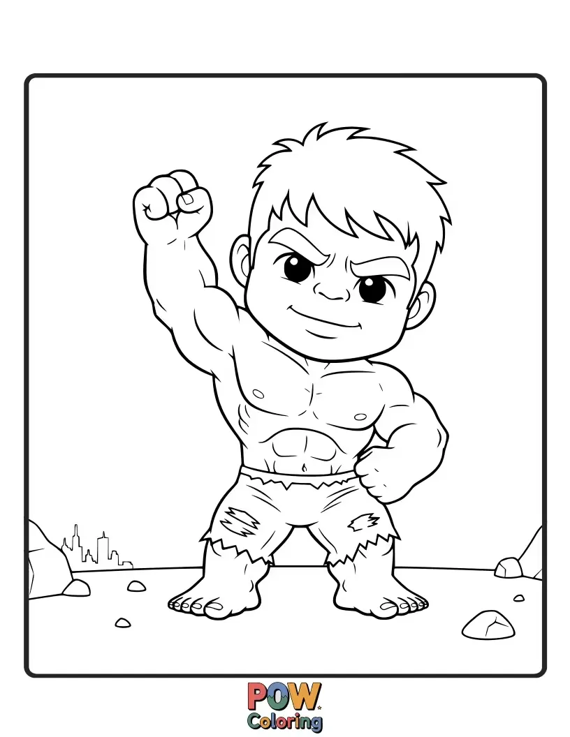 Free coloring page of Hulk standing protectively beside a tiny knight.