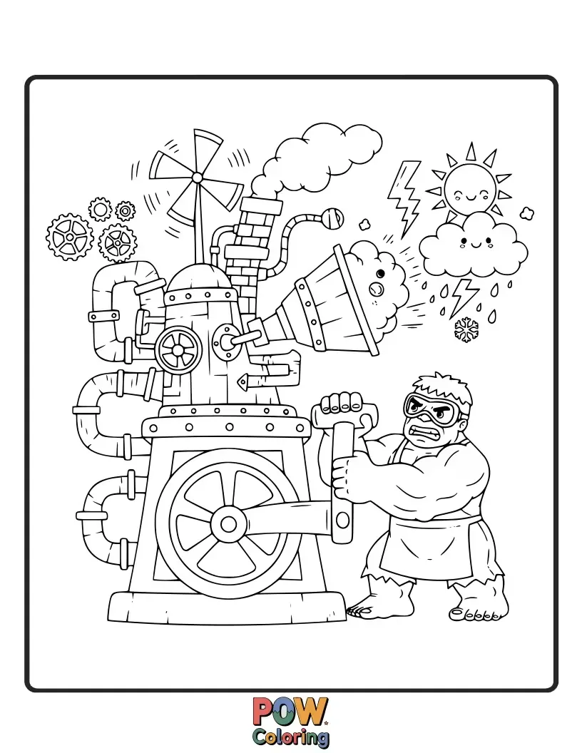 Free coloring page of Hulk playfully creating colorful weather patterns.