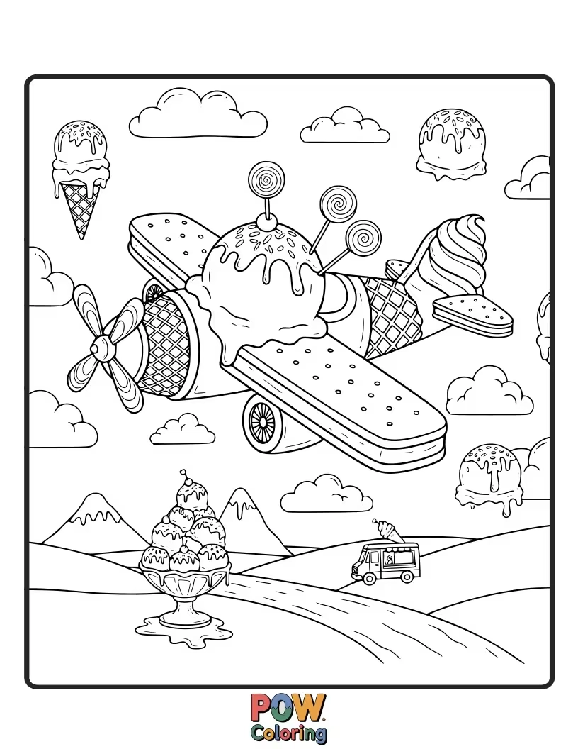 Free coloring page of A delightful airplane shaped like an ice cream cone, with sprinkles for windows and a cherry on top.