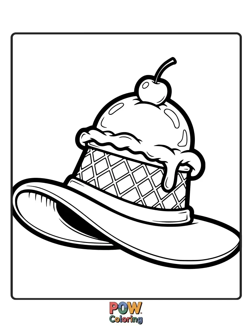 Free coloring page of A delightful hat shaped like a melting ice cream cone, complete with sprinkles and a cherry. Sweet and delicious!