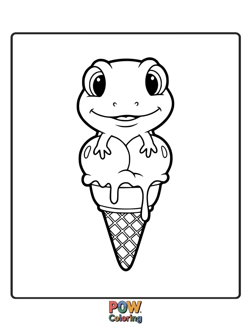 Free coloring page of A playful lizard licking a giant, dripping ice cream cone, with sprinkles scattered around.