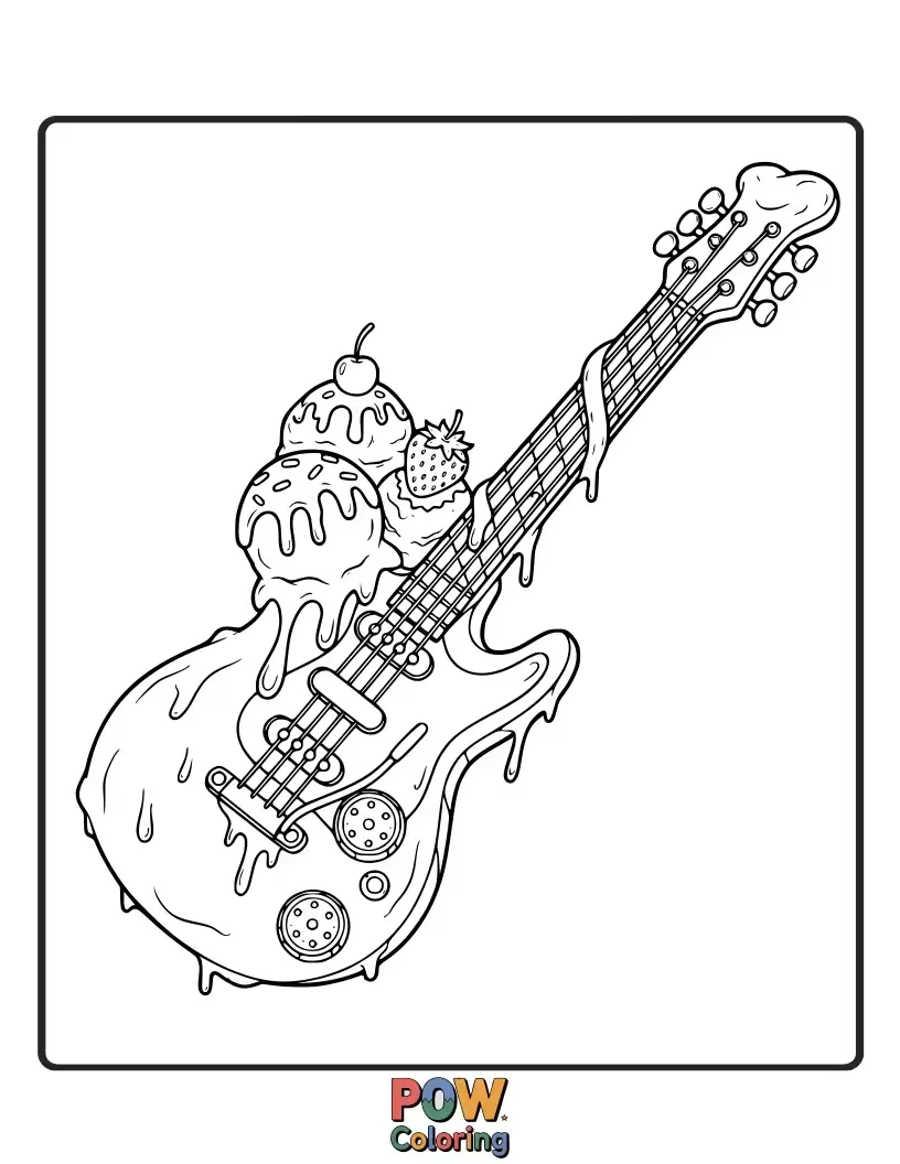 Free coloring page of A guitar shaped like a melting ice cream cone, with sprinkles and a cherry on top.