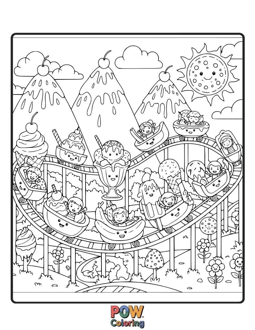 Free coloring page of Indulge your artistic sweet tooth with this delicious roller coaster made of ice cream cones and swirls.