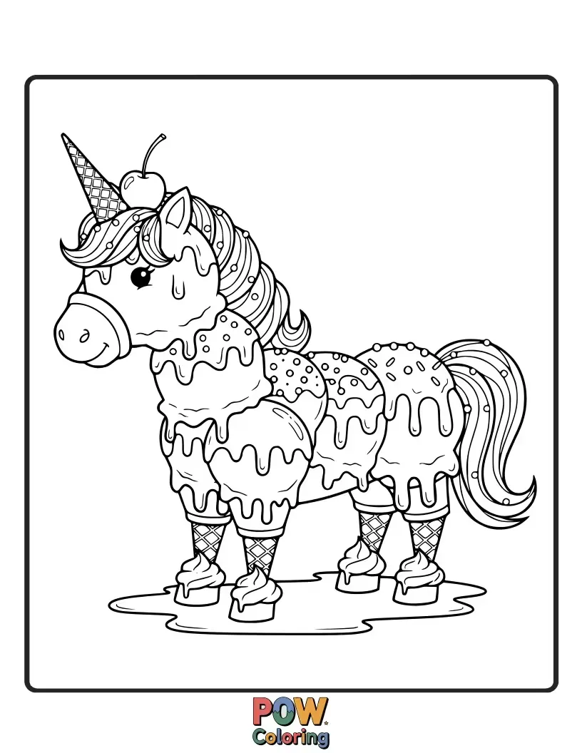 Free coloring page of A horse made from colorful scoops of ice cream, melting slightly in the sunshine, with sprinkles.