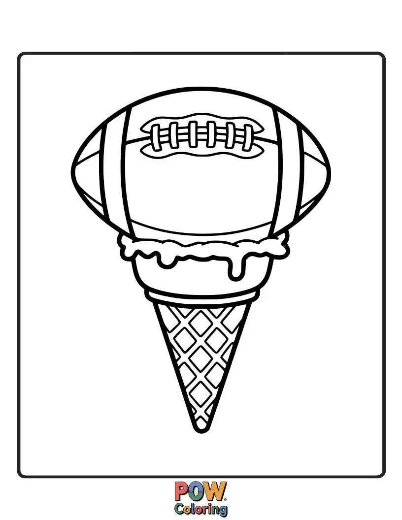 Free coloring page of A football shaped like a giant ice cream cone, melting slightly on a sunny day. Sweet and funny.