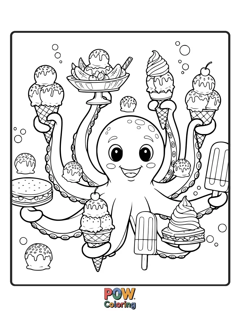 Free coloring page of A happy octopus indulging in a massive, multi-scoop ice cream cone, with drips on its tentacles.