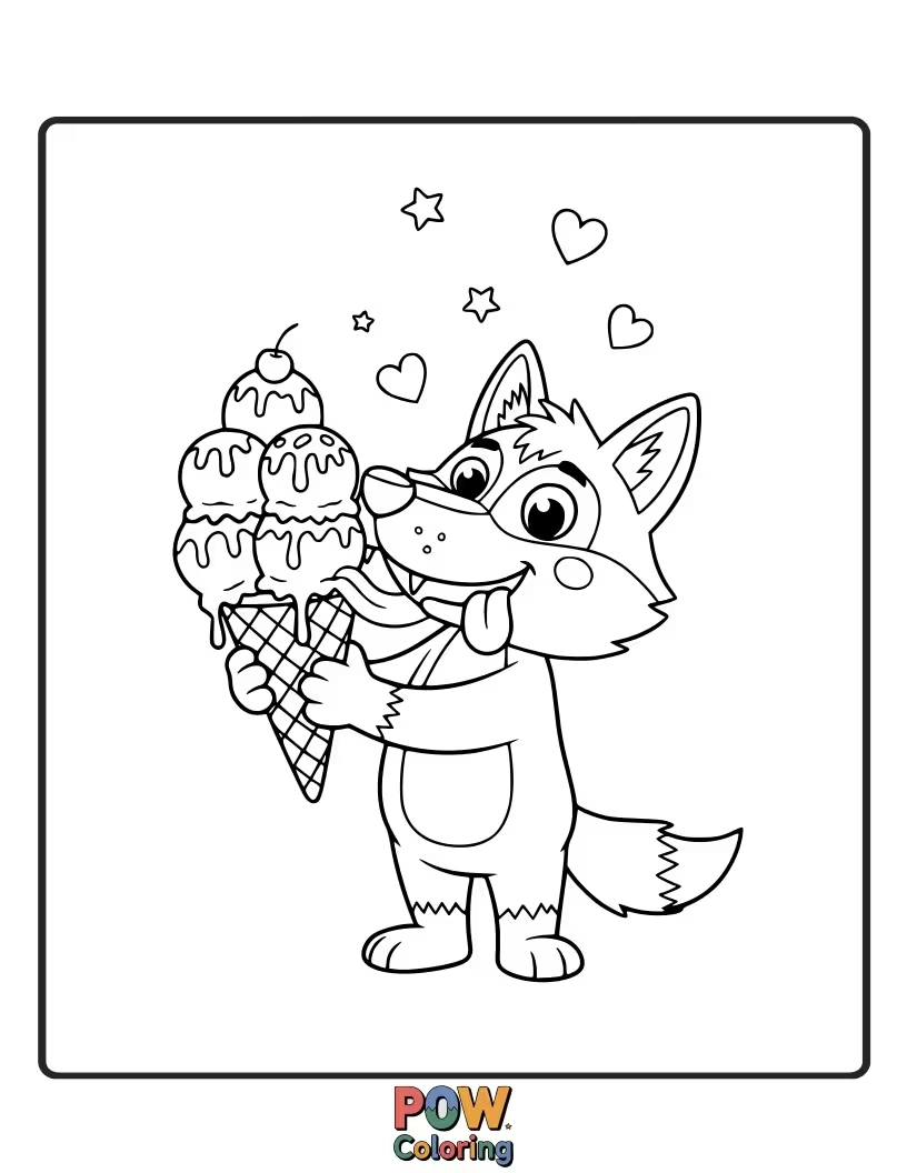 Free coloring page of A happy wolf with an enormous ice cream cone, brain freeze look optional.