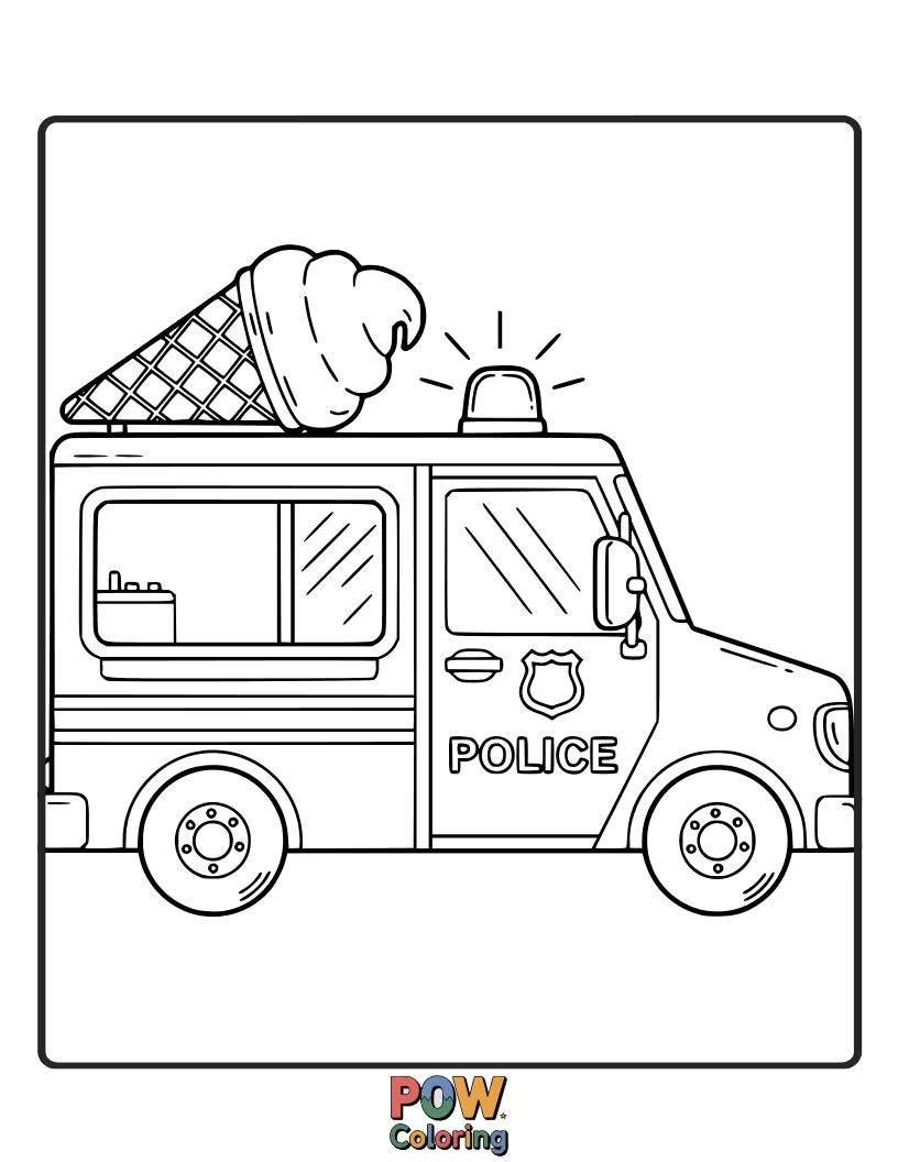 Free coloring page of Ice cream truck police car, patrolling with sweet treats and a friendly siren, brings joy and deliciousness to every street.