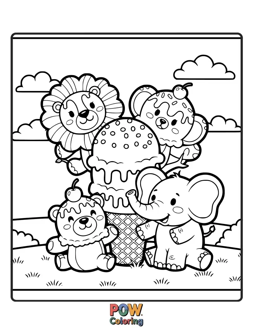 Free coloring page of A parade of cute animal ice cream cones, like a bear, cat, and bunny, all enjoying a sweet day.