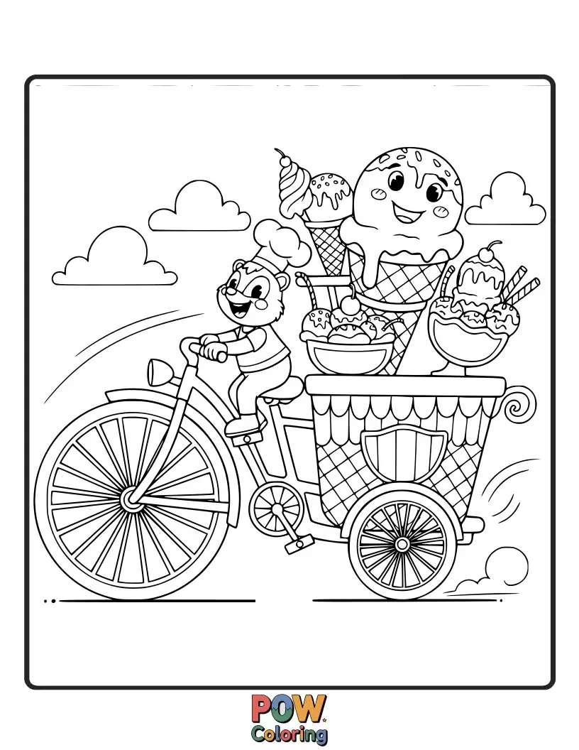 Free coloring page of A character riding a bicycle with ice cream wheels, pedaling joyfully down a sweet path.