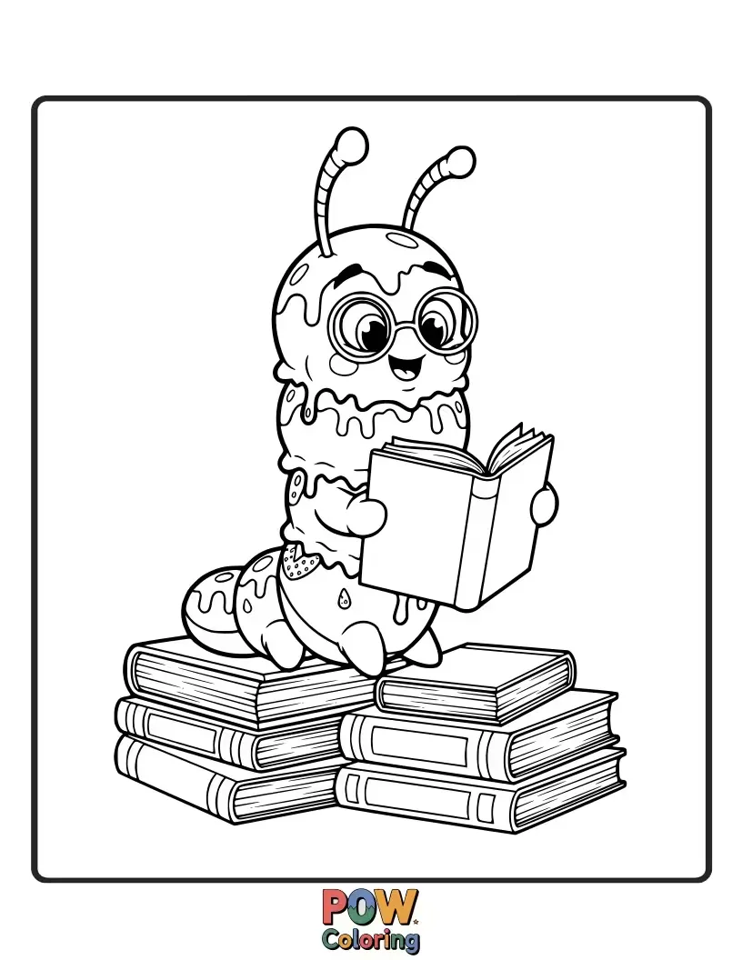 Free coloring page of A charming ice cream cone with glasses, deeply engrossed in reading a delightful book.