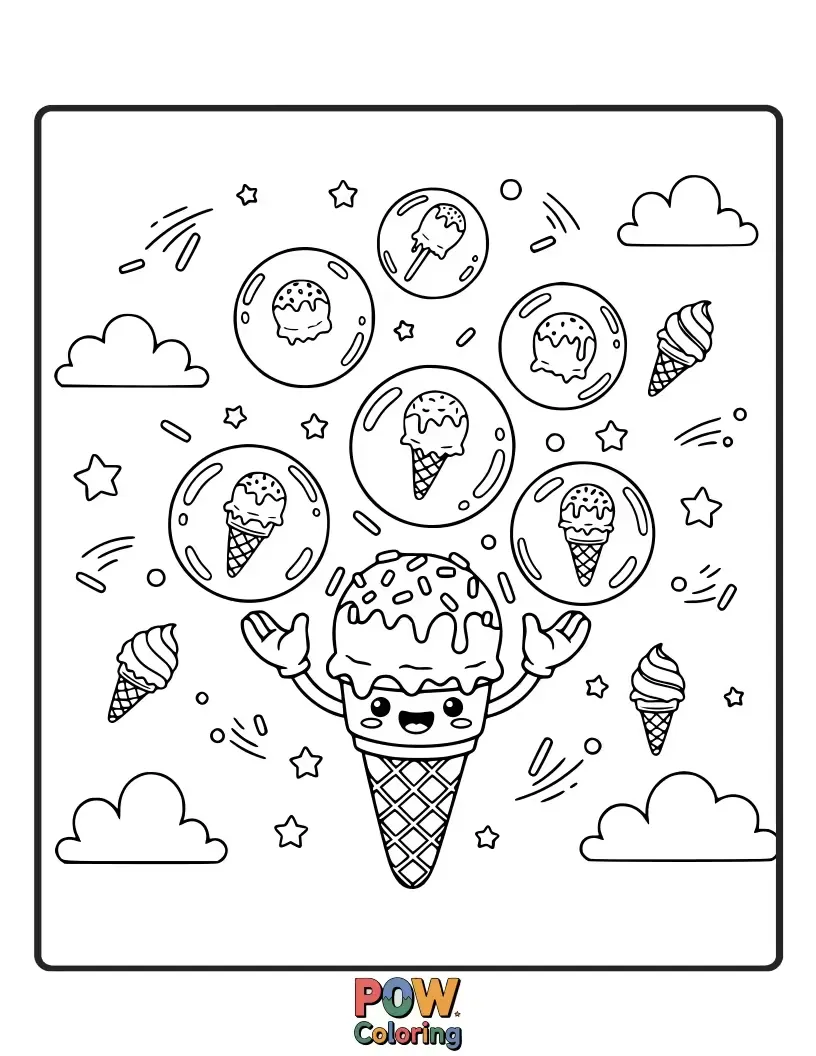 Free coloring page of An ice cream cone playfully popping giant, shimmering bubbles filled with tiny candy sprinkles.