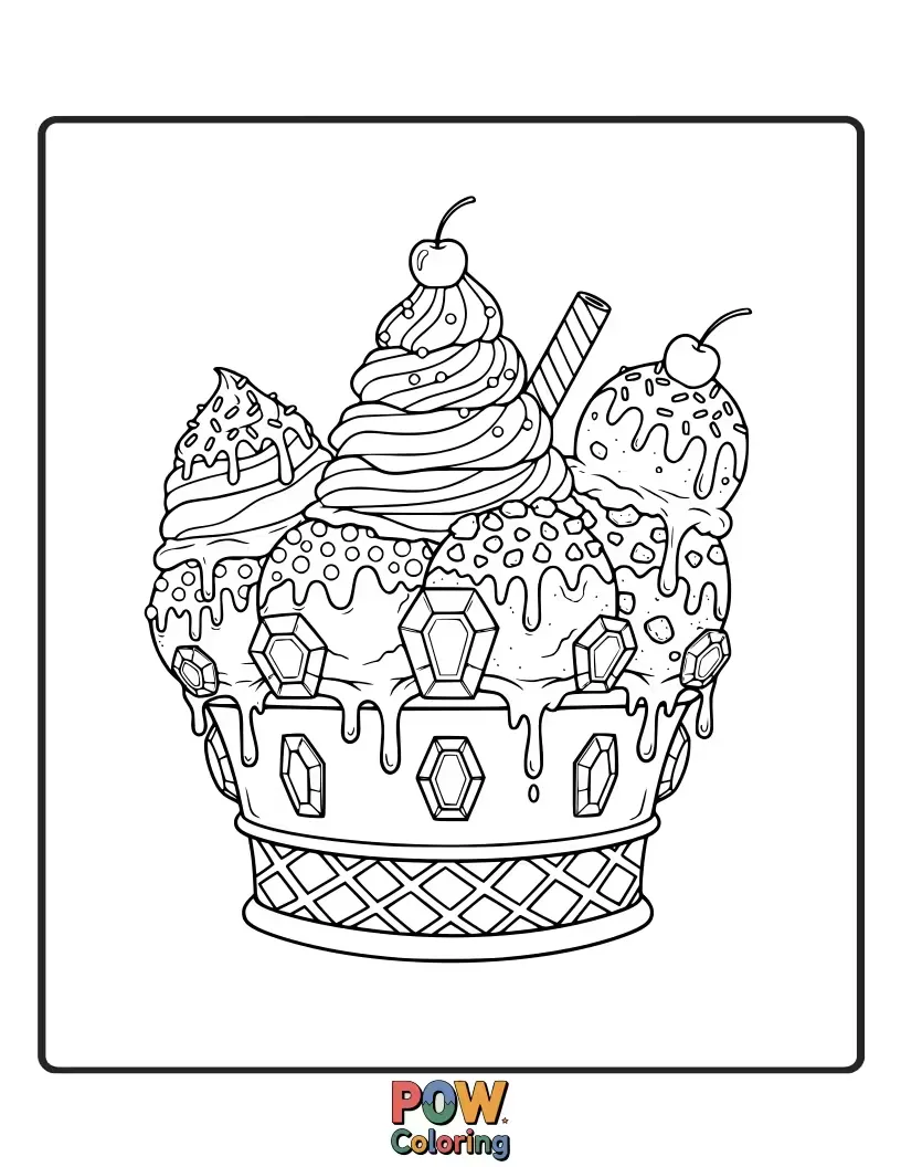 Free coloring page of A majestic crown adorned with various ice cream flavors and gem-like sprinkles.