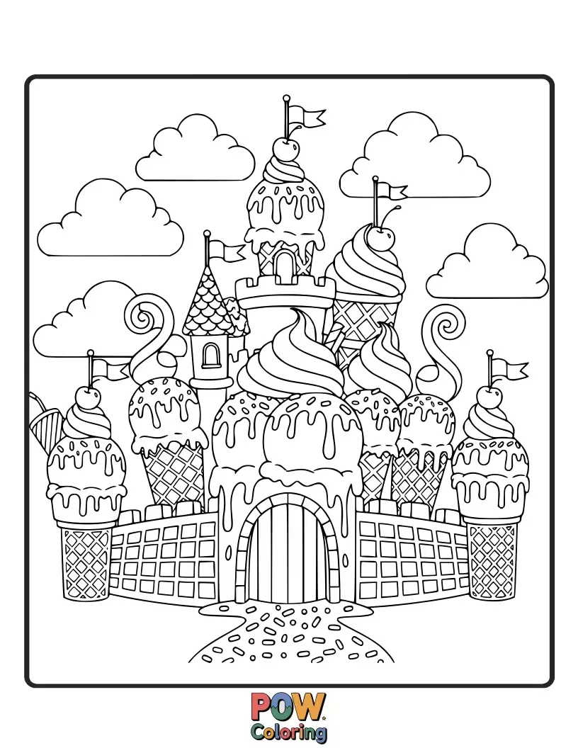 Free coloring page of Imagine a whimsical castle made entirely of ice cream, with waffle cone turrets and sprinkle decorations.