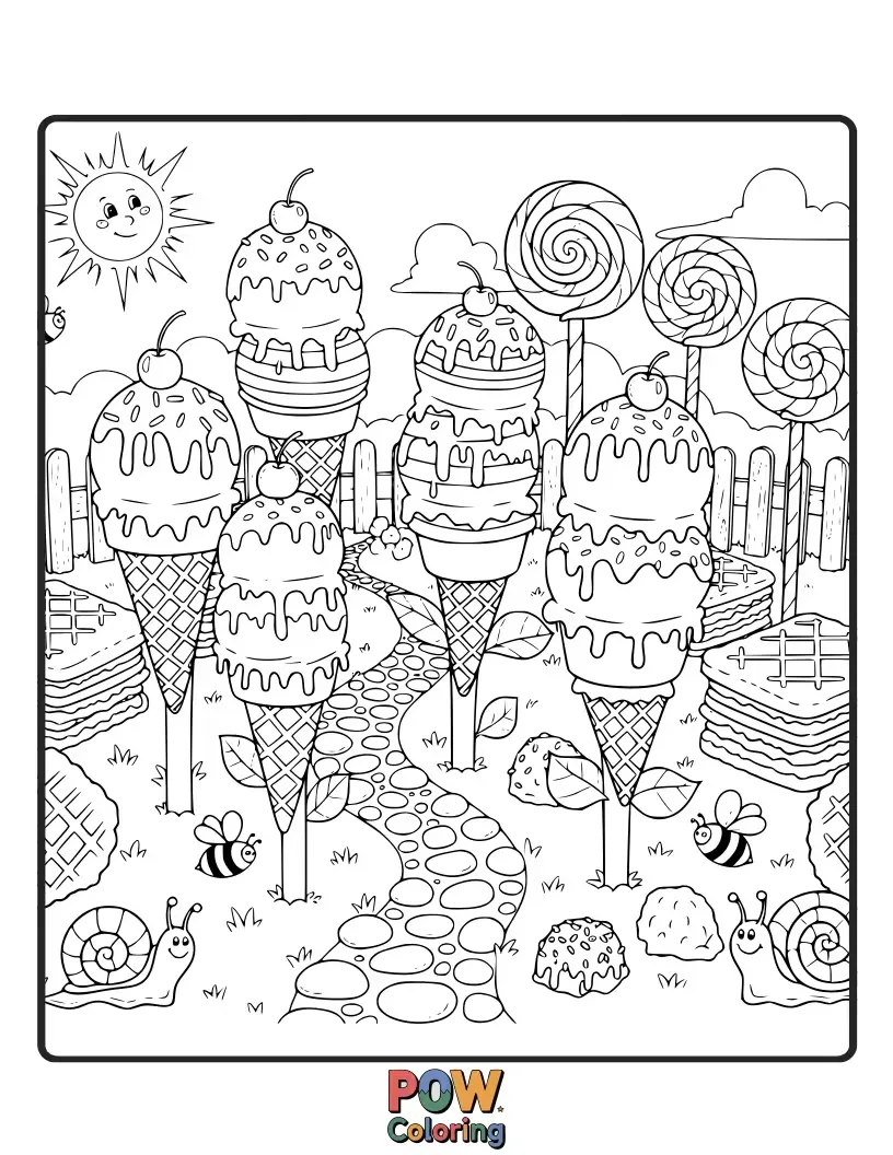 Free coloring page of Flowers and plants made entirely from colorful ice cream scoops and drizzles.