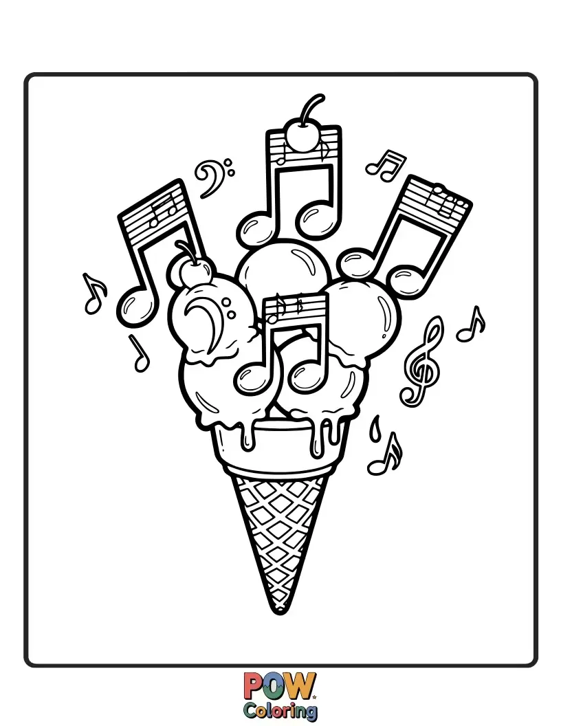 Free coloring page of Musical notes cleverly shaped like ice cream cones and scoops, creating a sweet melody.