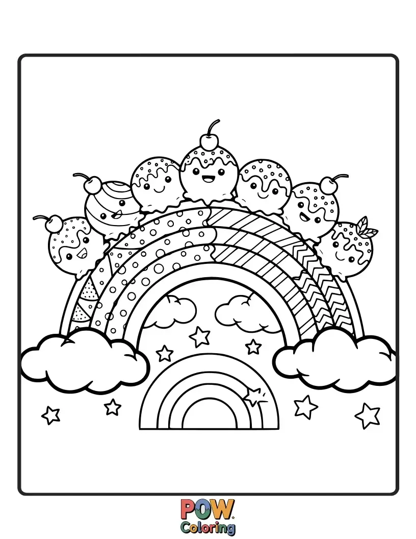 Free coloring page of A magical bridge made of layered ice cream flavors, leading to a land of sweet adventures.