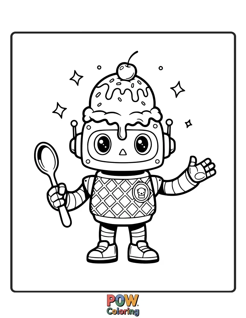 Free coloring page of A cute robot with an ice cream scoop for a head, radiating sweet intelligence.