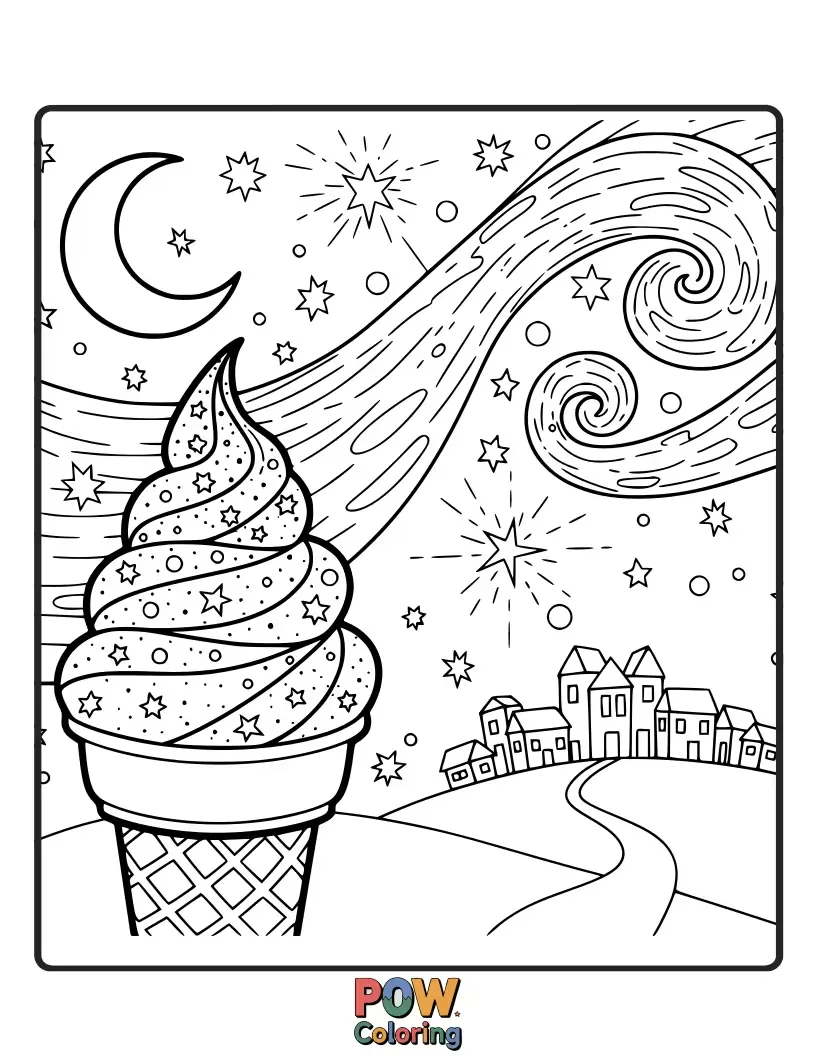 Free coloring page of An ice cream cone gazing up at a sky filled with star-shaped sprinkles and moon cookies.