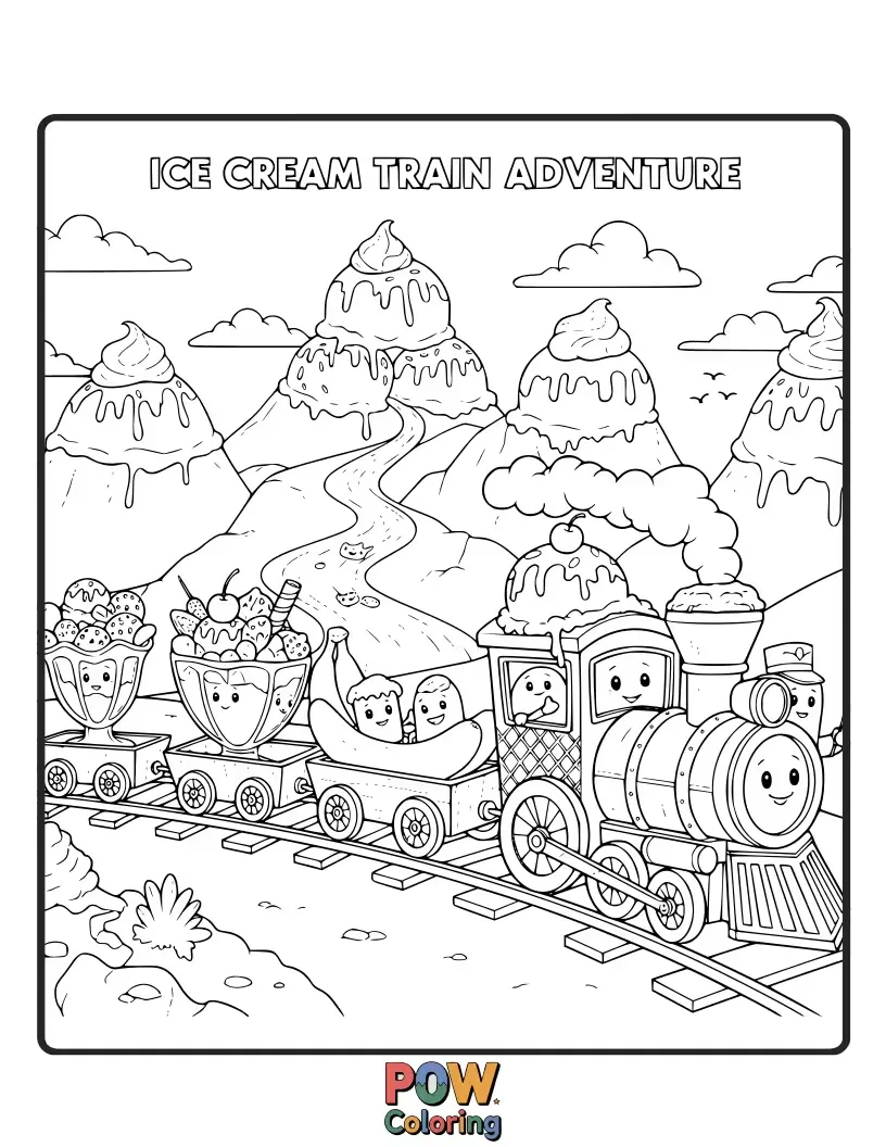 Free coloring page of A whimsical train with ice cream cars chugging along a track made of licorice.