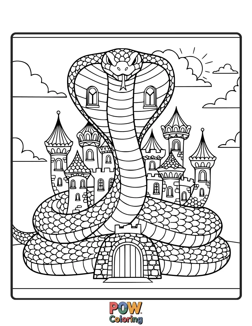 Free coloring page of A creative cobra snake forming the shape of a fantastical castle, complete with towers and flags.