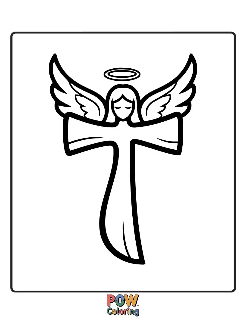 Free coloring page of A beautiful cross featuring angelic wings, bringing a sense of divine protection and gentle guidance.