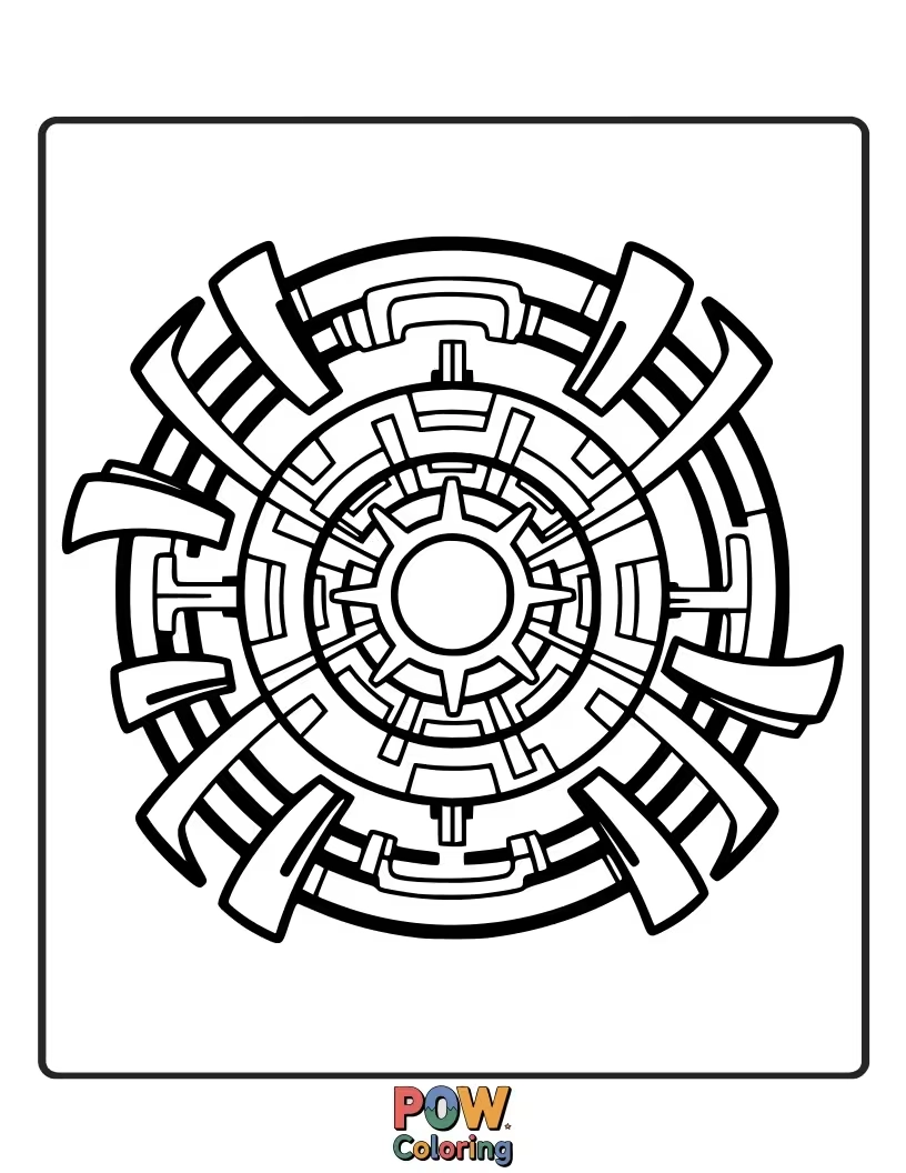 Free coloring page of A close-up of Tony Stark's chest piece, highlighting the glowing Arc Reactor. Simple yet iconic.