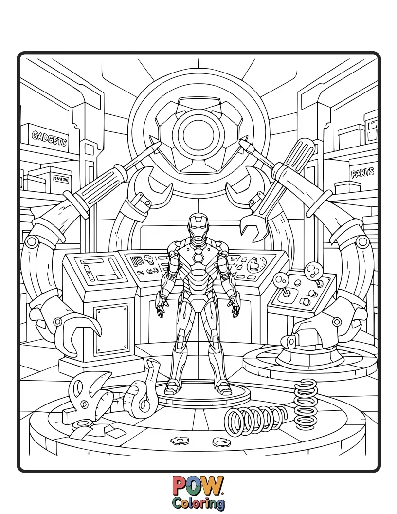 Free coloring page of Color in Tony Stark's futuristic workshop, filled with gadgets, blueprints, and his latest armor designs.