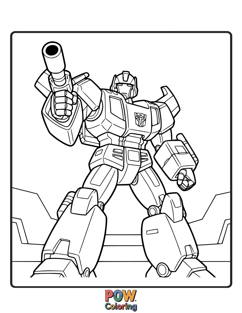 Free coloring page of Ironhide, the grizzled Autobot, standing strong and ready for action, with robust lines for coloring.