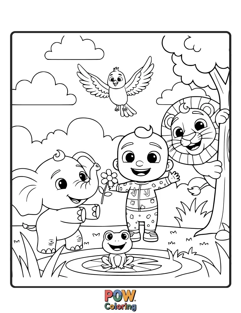 Free coloring page of JJ loves animals! Color him with a playful puppy, a purring kitten, and other cuddly creatures.