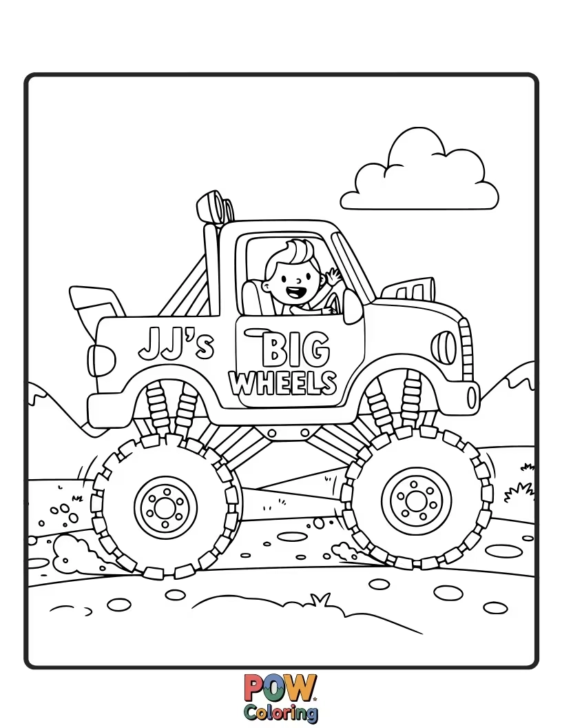 Free coloring page of JJ is riding his tricycle! Color his helmet, the colorful wheels, and JJ's happy ride through the park.
