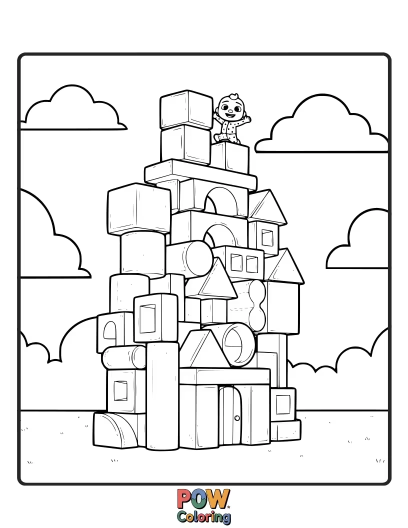 Free coloring page of JJ is stacking colorful building blocks high! Color the different shapes and sizes as he builds a tower.