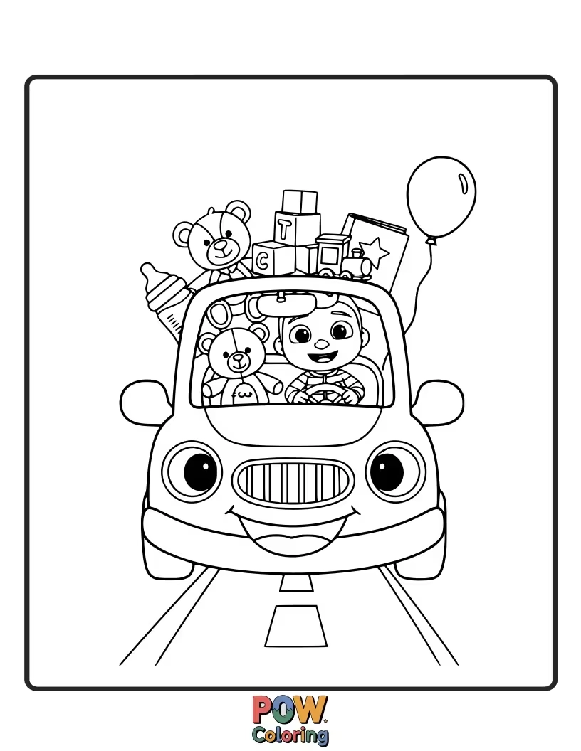 Free coloring page of Vroom, vroom! JJ is driving his toy car around. Color the car, the road, and JJ's determined face.