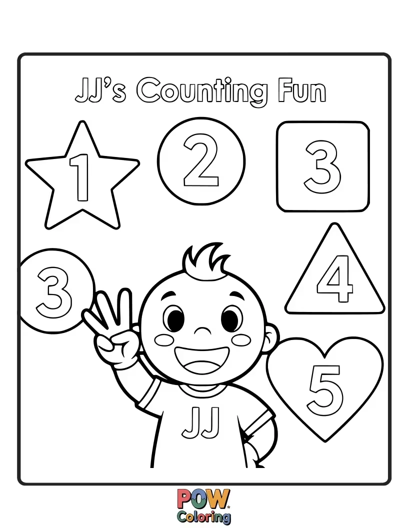 Free coloring page of Let's count with JJ! Color the numbers as he learns about counting with his favorite toys.