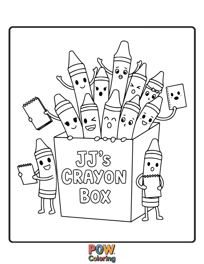 Free coloring page of JJ is surrounded by a rainbow of crayons. Color JJ and all the different colored crayons he loves.