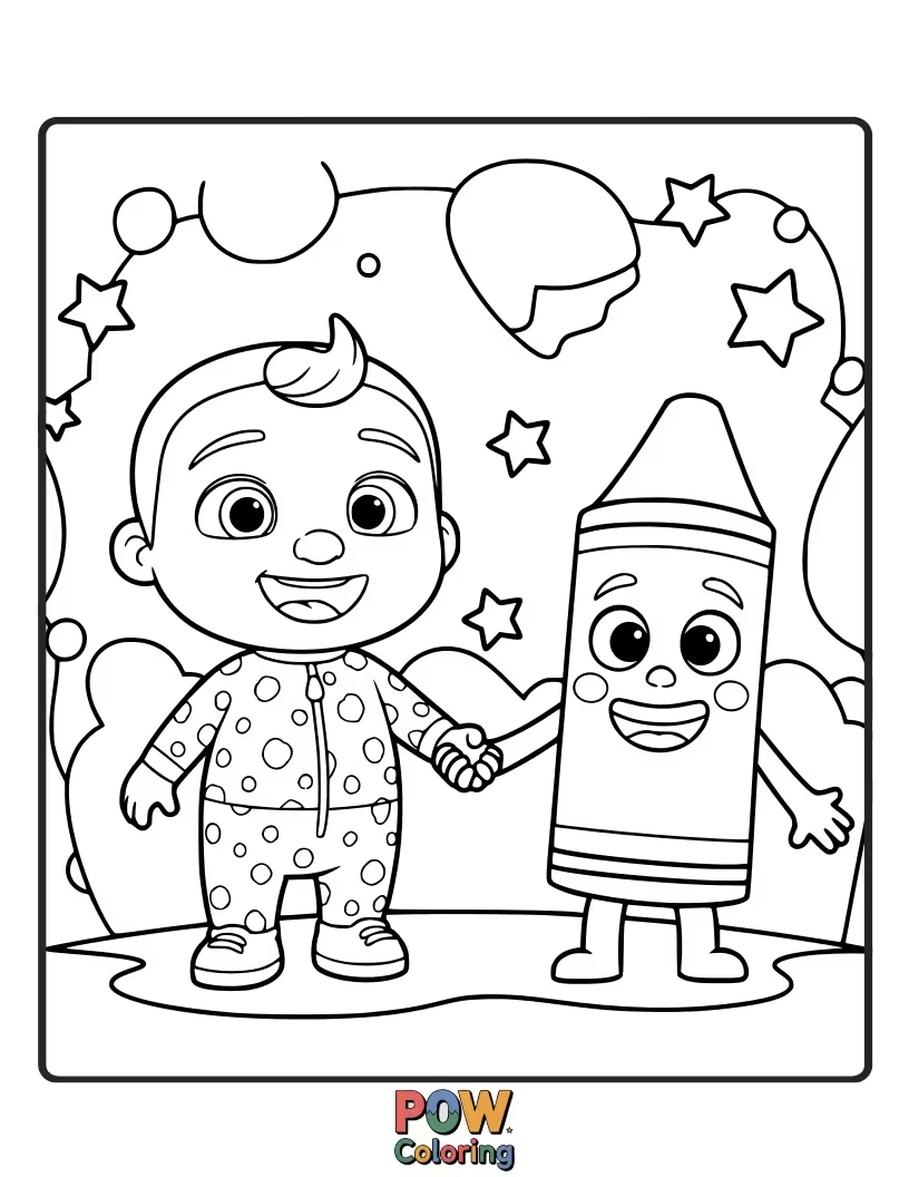 Free coloring page of JJ is making a new friend with a giant, friendly crayon. Color their happy encounter and colorful surroundings.