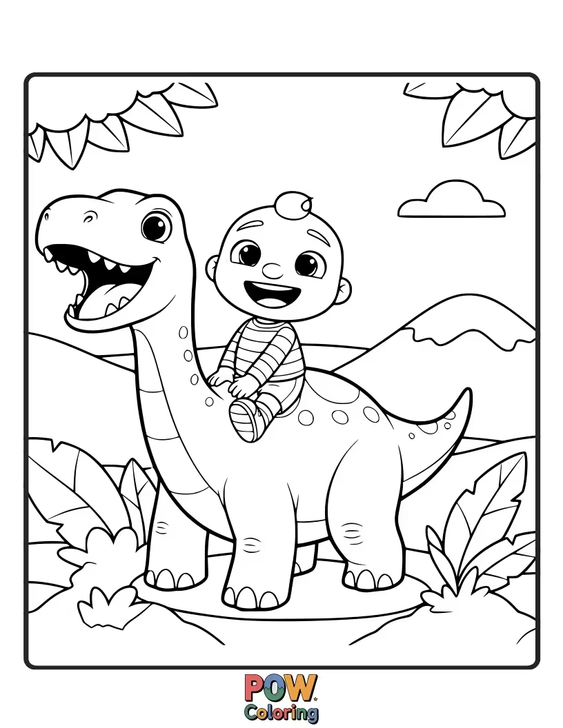 Free coloring page of Rawr! JJ is playing with his toy dinosaurs. Color the T-Rex, Triceratops, and JJ's adventurous spirit.