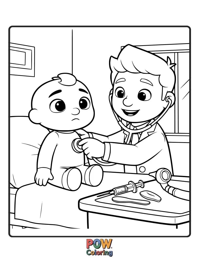 Free coloring page of JJ is a brave little patient. Color his doctor's bag, stethoscope, and JJ getting a check-up.