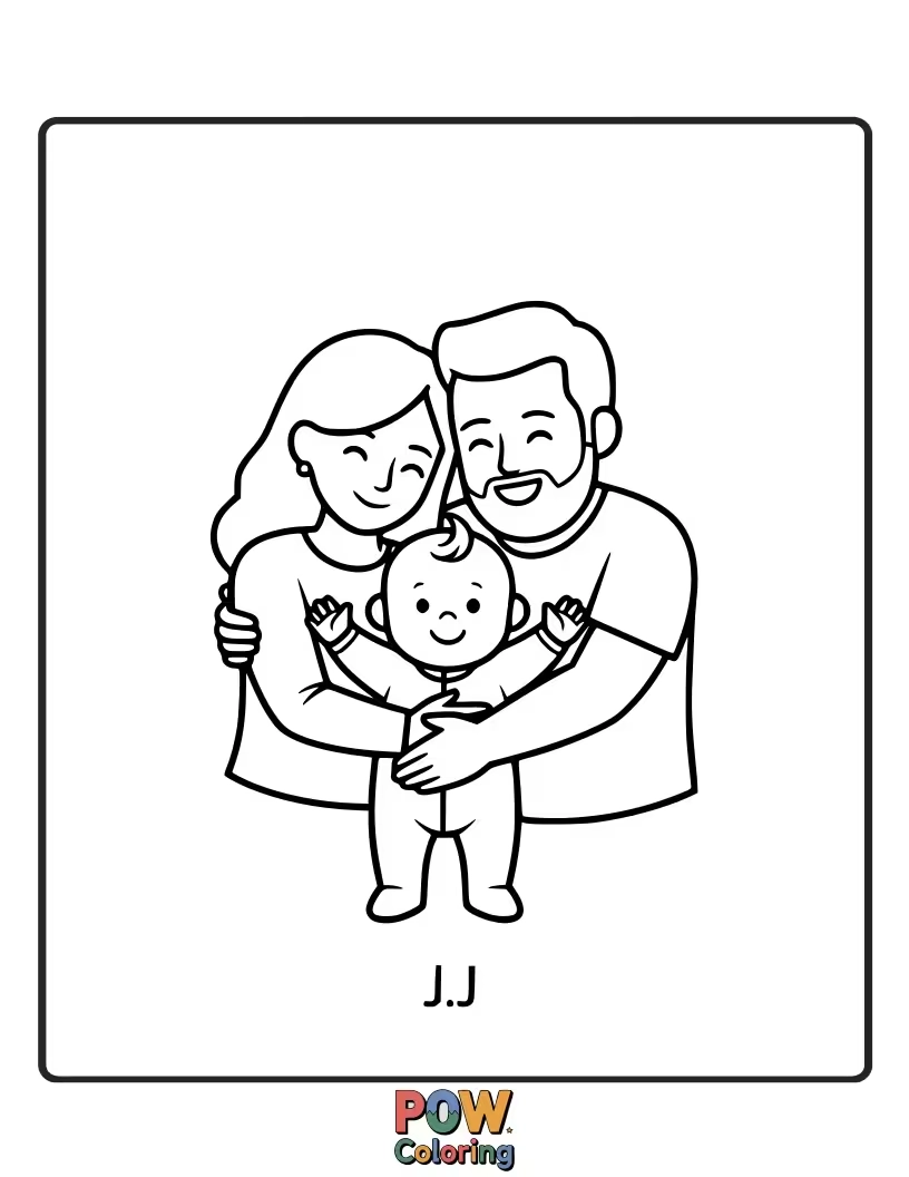 Free coloring page of JJ is sharing a warm hug with his family. Color the loving embrace and JJ's happy smile.