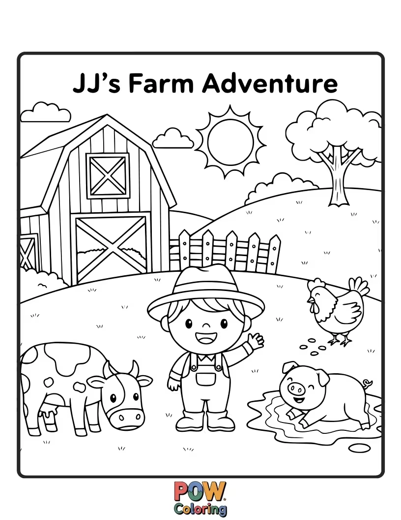 Free coloring page of Join JJ on the farm! He's petting a friendly cow and a fluffy sheep. Bring the farm to life with vibrant colors.